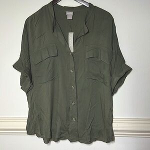 Chico's Green Boxy 3/4 Sleeve Button Down Shirt